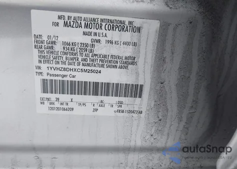 2012 Mazda Mazda6 I Touring from USA, damaged, VIN 1YVHZ8DHXC5M25024